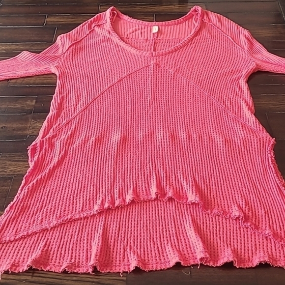 Free People Sunset Park coral v-neck tunic length waffle knit thermal top size S - Picture 5 of 16